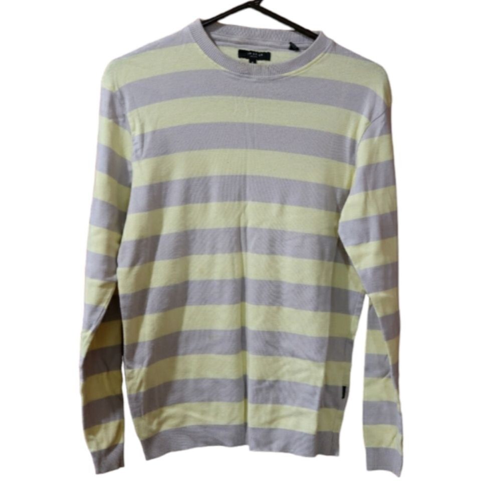 Ted Baker London Yellow Gray Striped Cotton Crewneck Sweater Medium